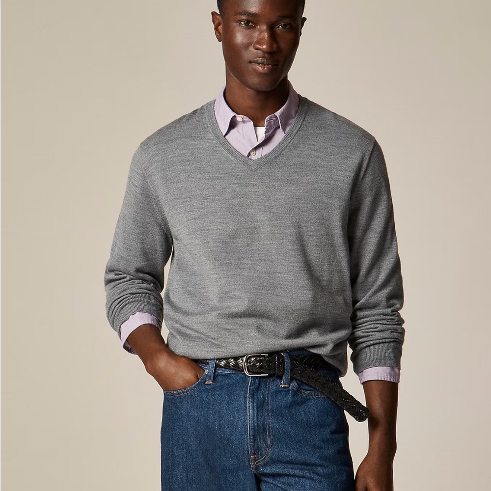 🌱J Crew Men's L 100% Merino Wool Heather Gray V-Nk Sweater Classic Quiet Luxury